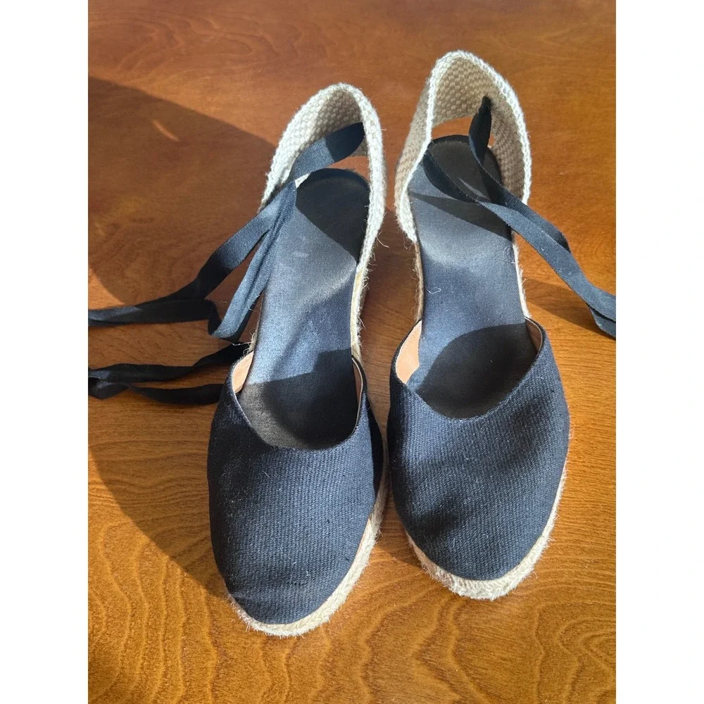 Black Canvas Espadrille Wedges Made in Spain Ankle Tie Sandals Size 38